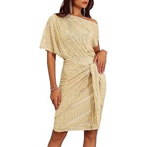 GRACE KARIN Gold Sequin Asymmetric Off Shoulder Wrap Party Dress Women's XL